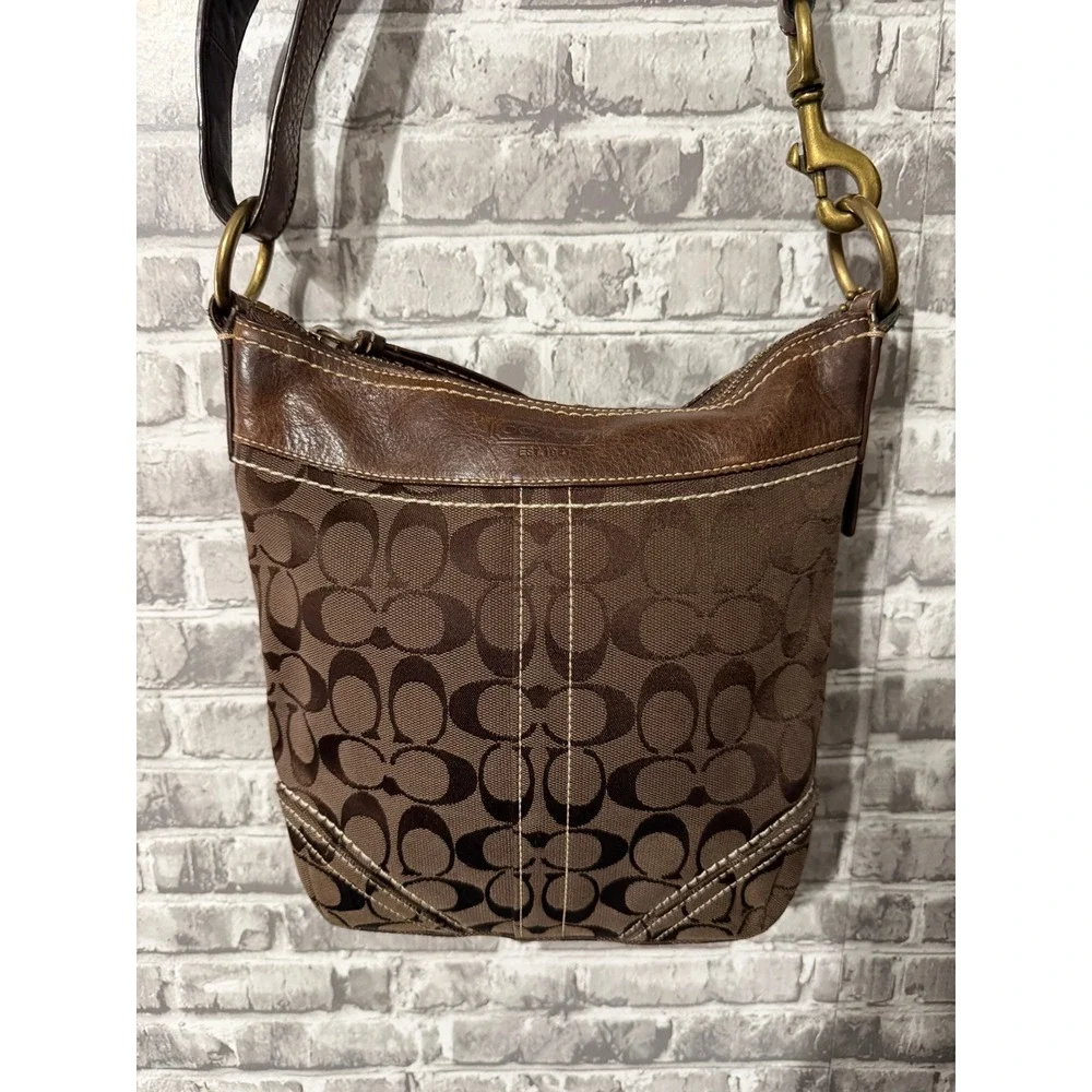 Coach Signature Jacquard Crossbody Bag Brown Leather Trim Brass Hardware